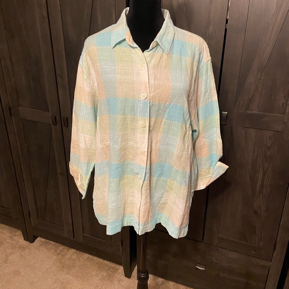 Dressbarn Pastel Plaid Short Sleeve Button Down 1X
